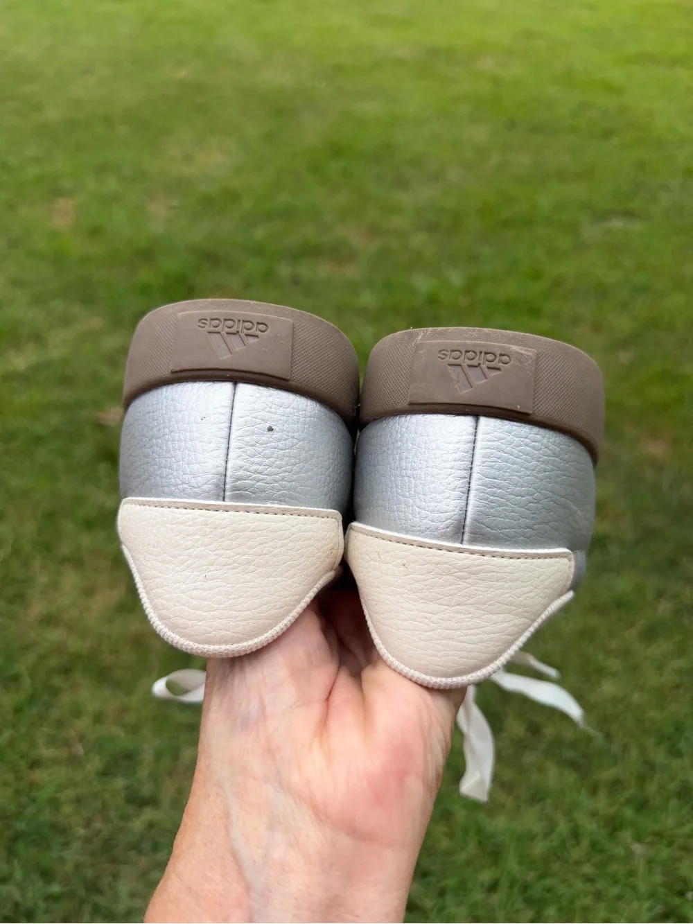 adidas Women’s Silver Leather Sneakers with Cream Stripes